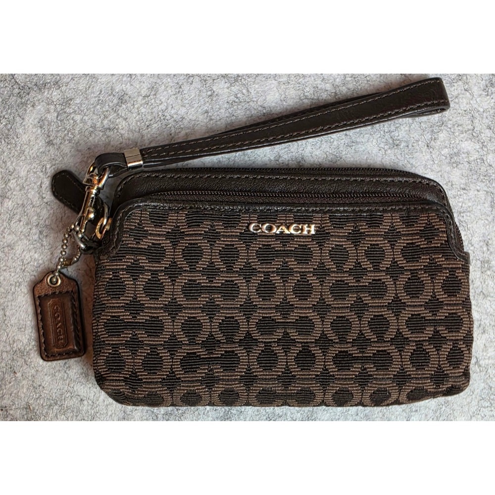 Coach Double Zip Wristlet Wallet Signature Brown Mahogany Jacquard Fabric Y2K